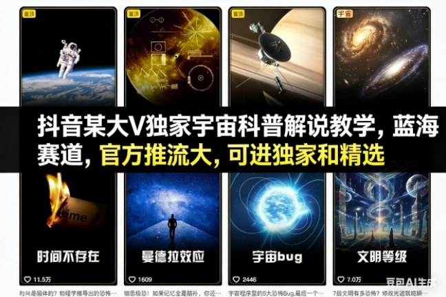 抖音某大V独家宇宙科普解说教学，蓝海赛道，官方推流大，可进独家和精选-创富云网创