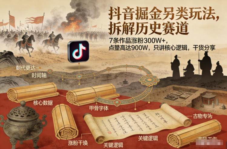 抖音掘金另类玩法，拆解历史赛道，7条作品涨粉300W+，点赞量高达900W，只讲核心逻辑，干货分享-创富云网创