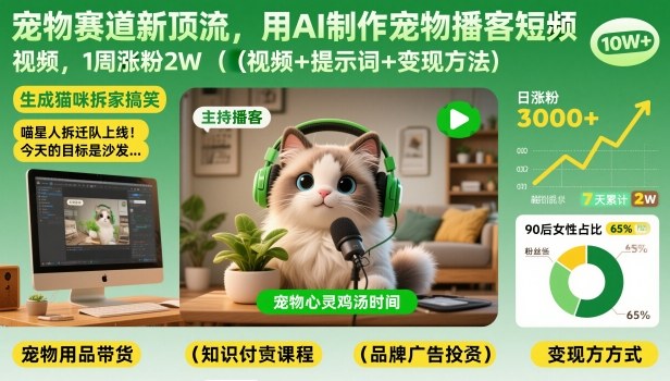 宠物赛道新顶流，用AI制作宠物播客短视频，1周涨粉2W(视频+提示词+变现方法)-创富云网创