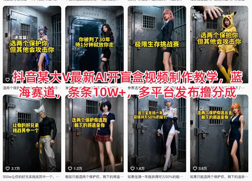 抖音某大V最新AI开盲盒视频制作教学,蓝海赛道,条条10W+,多平台发布撸分成-创富云网创