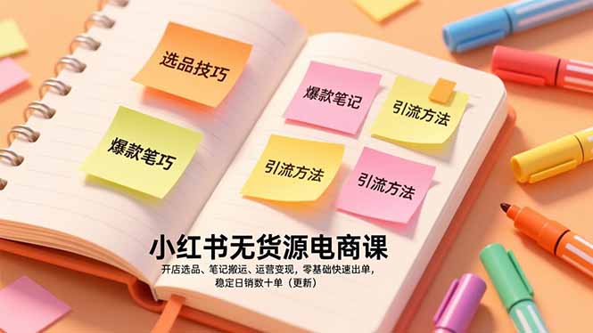 小红书无货源电商课，开店选品、笔记搬运、运营变现，零基础快速出单，稳定日销数十单(更新-创富云网创